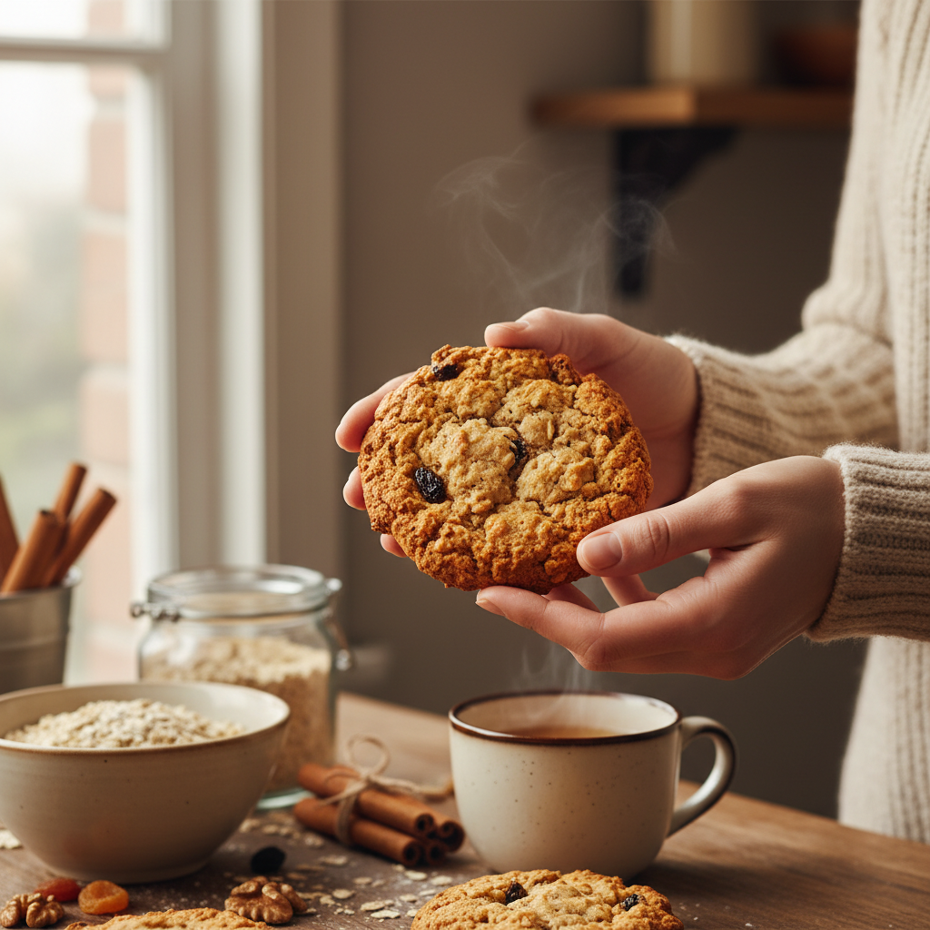 Žmogus laiko naminį avižinį sausainį be cukraus